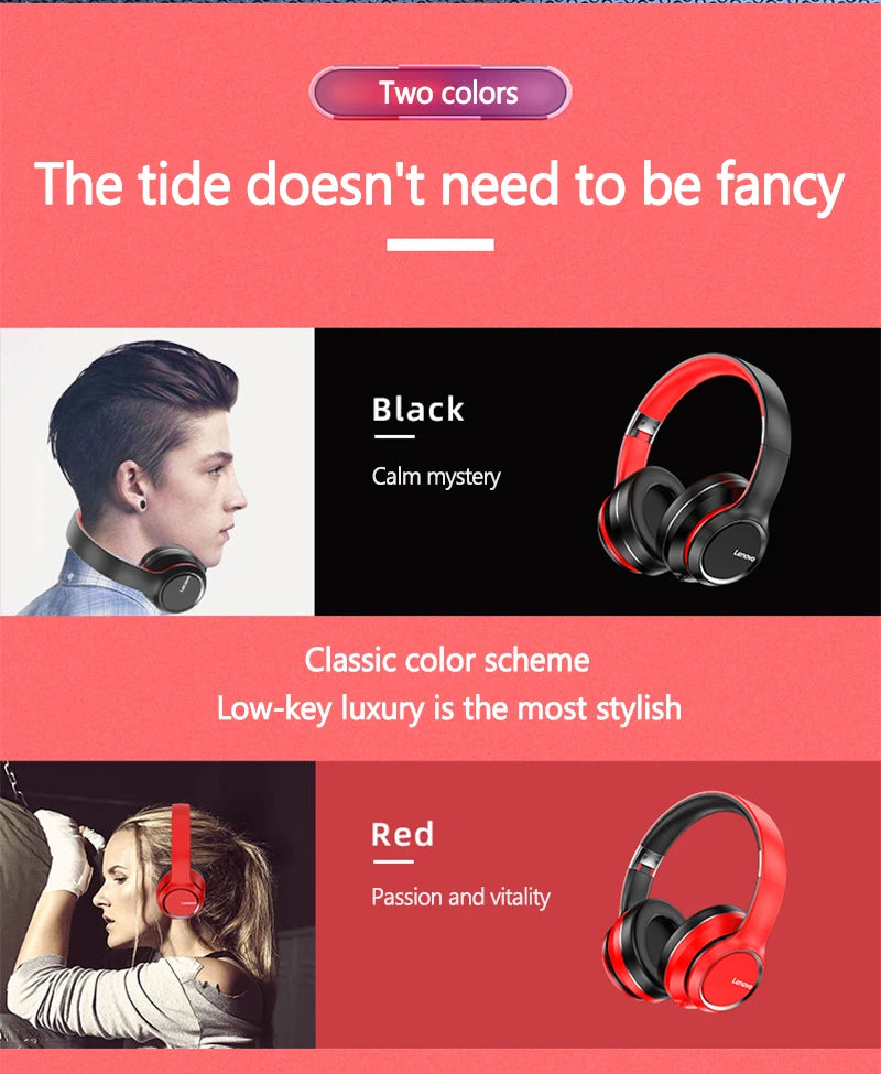 Lenovo HD200 Wireless Bluetooth Over-Ear Headphones with Noise Cancellation for Gaming & Music