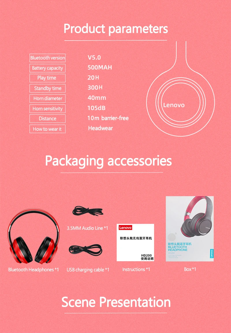 Lenovo HD200 Wireless Bluetooth Over-Ear Headphones with Noise Cancellation for Gaming & Music