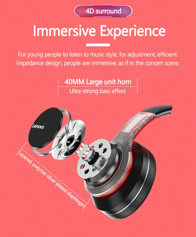 Lenovo HD200 Wireless Bluetooth Over-Ear Headphones with Noise Cancellation for Gaming & Music