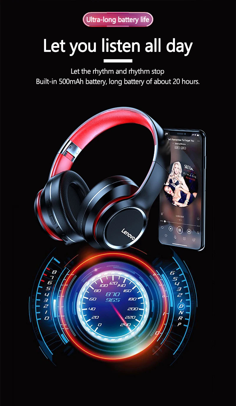 Lenovo HD200 Wireless Bluetooth Over-Ear Headphones with Noise Cancellation for Gaming & Music