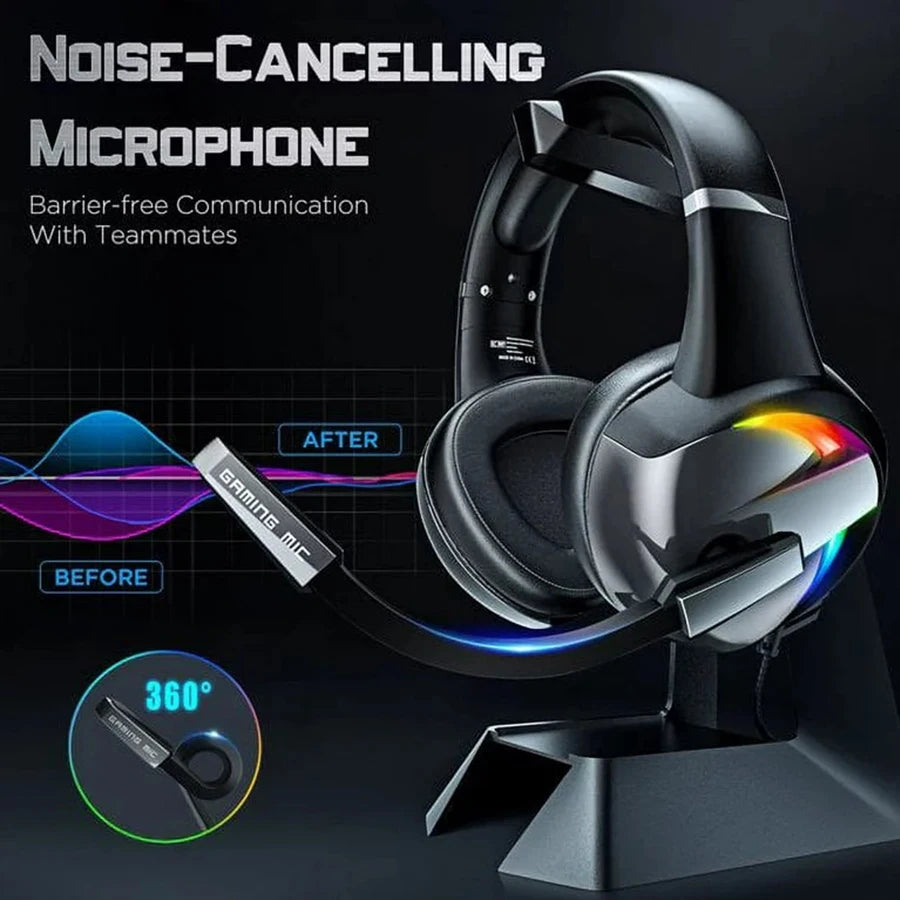 Glaring RGB Wired Gaming Headphones with Noise-Canceling Microphone – LED Surround Sound Headphones for PS4 PS5 Xbox & Laptops
