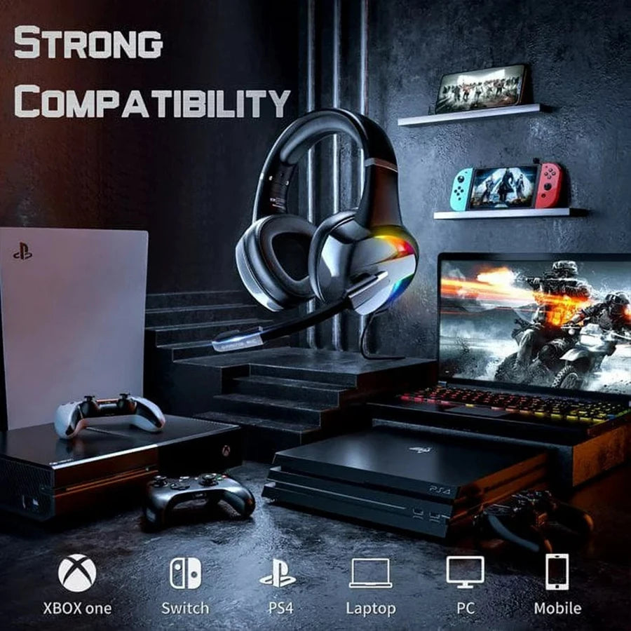 Glaring RGB Wired Gaming Headphones with Noise-Canceling Microphone – LED Surround Sound Headphones for PS4 PS5 Xbox & Laptops