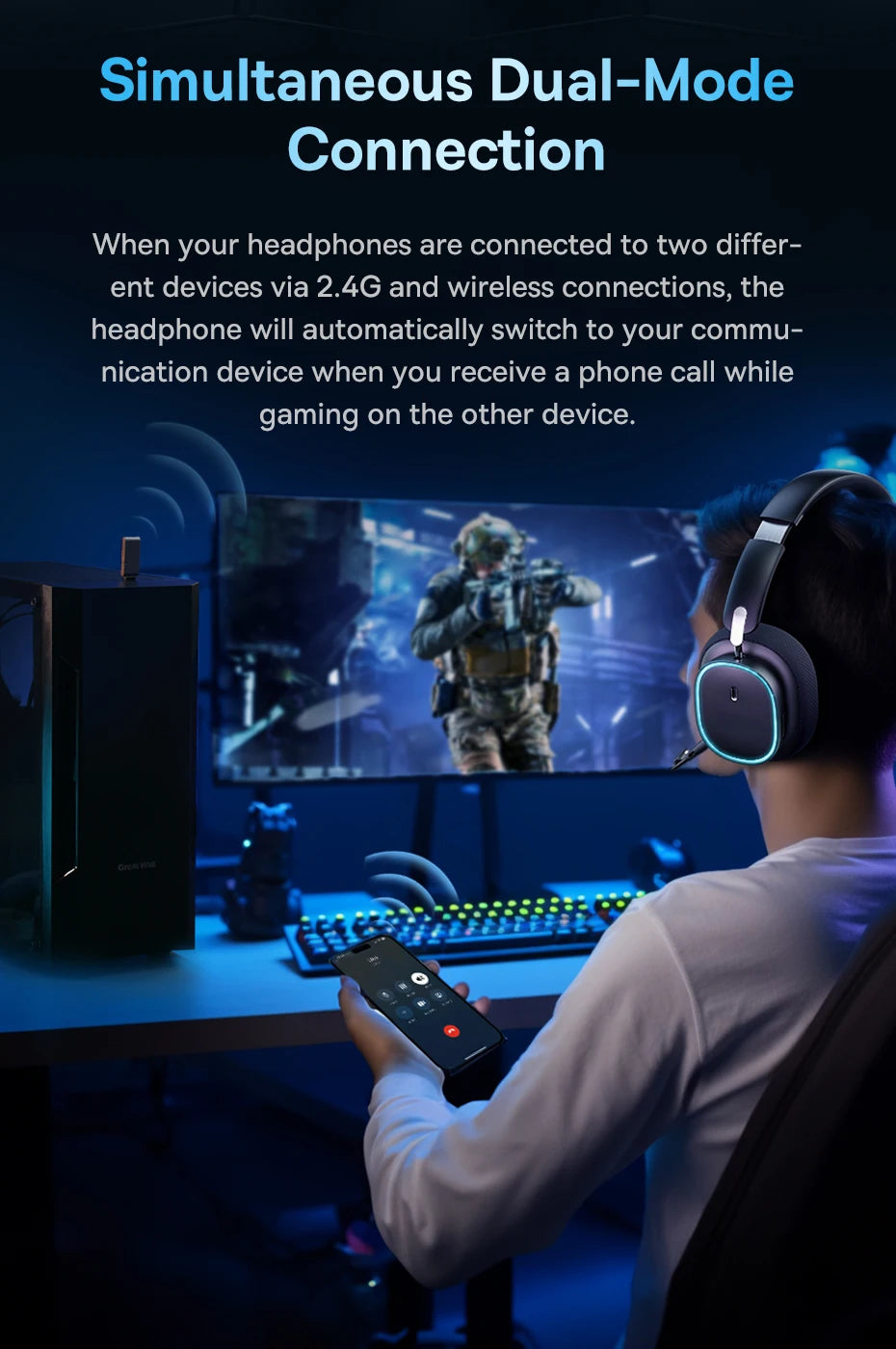 RGB Lights GH02 Wireless & Wired Bluetooth 5.3 & 2.4GHz Gaming Headsets with Microphone