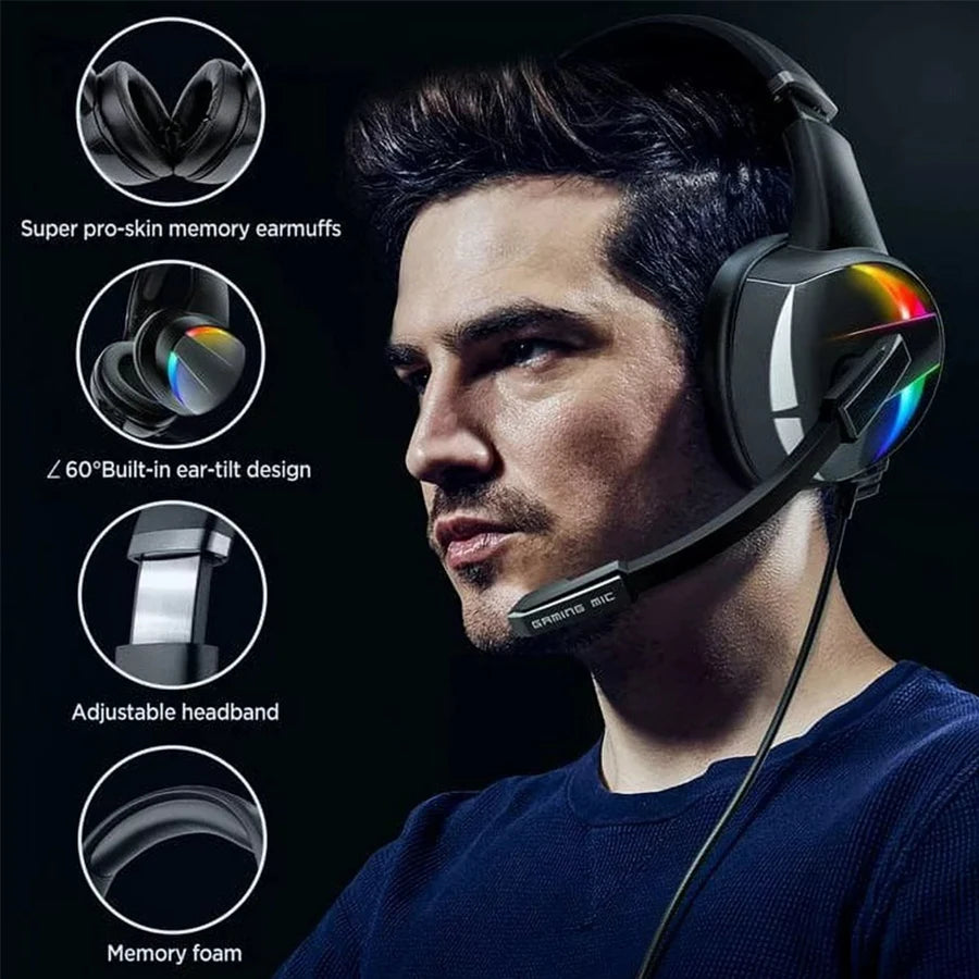 Glaring RGB Wired Gaming Headphones with Noise-Canceling Microphone – LED Surround Sound Headphones for PS4 PS5 Xbox & Laptops