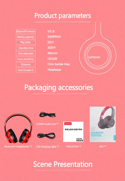 Lenovo HD200 Wireless Bluetooth Over-Ear Headphones with Noise Cancellation for Gaming & Music