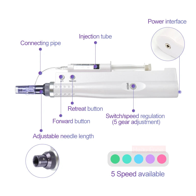 Hello Face 2 in 1 Portable Water Light Injection Aqua Derma Pen With 12 Pin Needle