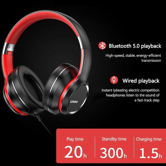 Lenovo HD200 Wireless Bluetooth Over-Ear Headphones with Noise Cancellation for Gaming & Music